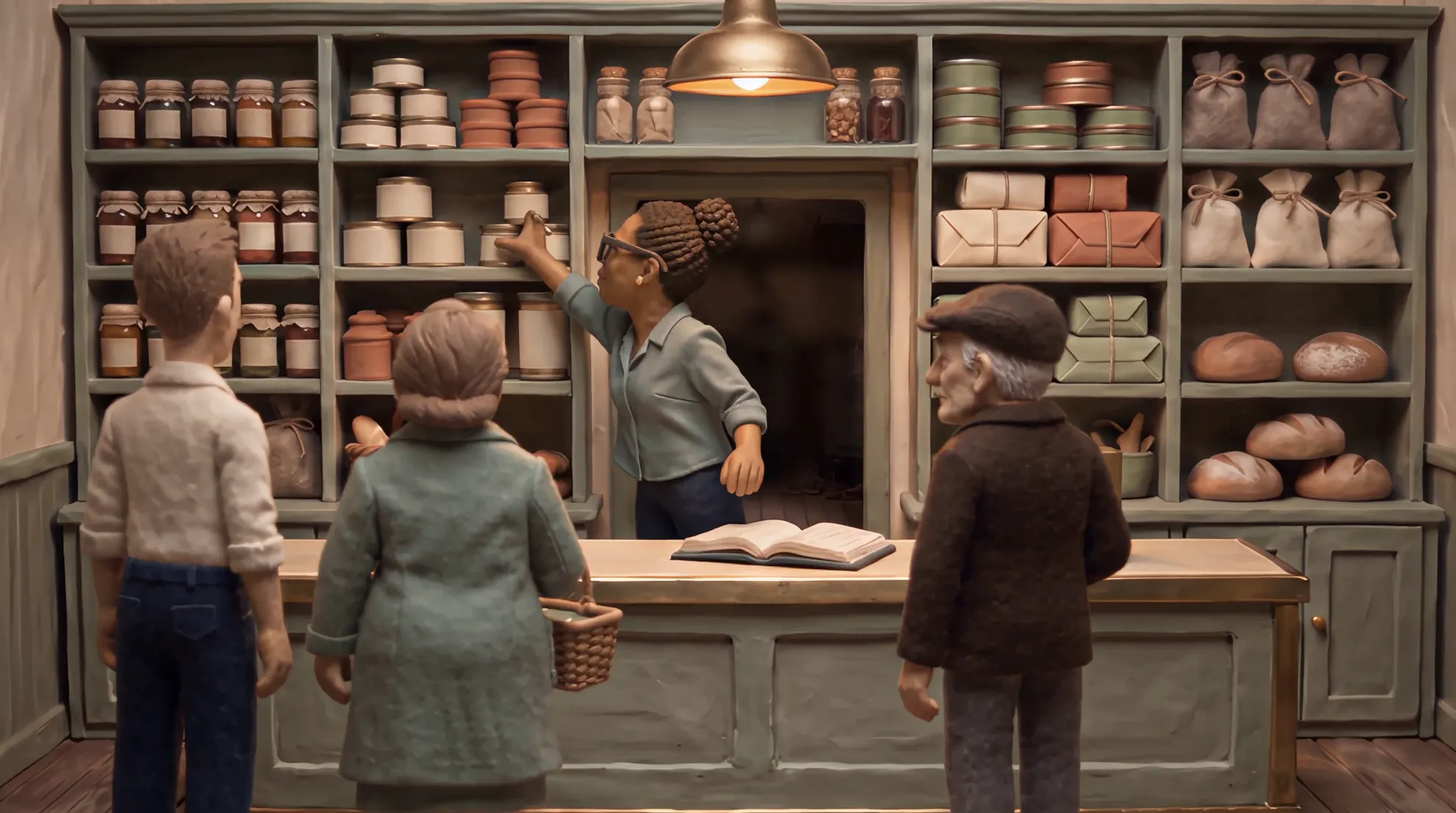 Nomsa's counter. Before, she reaches up a shelf with an open paper ledger in front of her. After, she faces the customers and the orders rack behind her is lit.