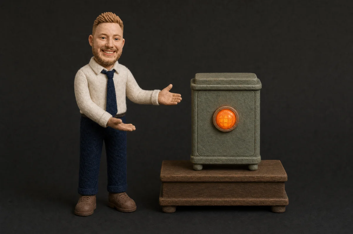A clay Daniel proudly presenting a small machine with a single friendly orange button