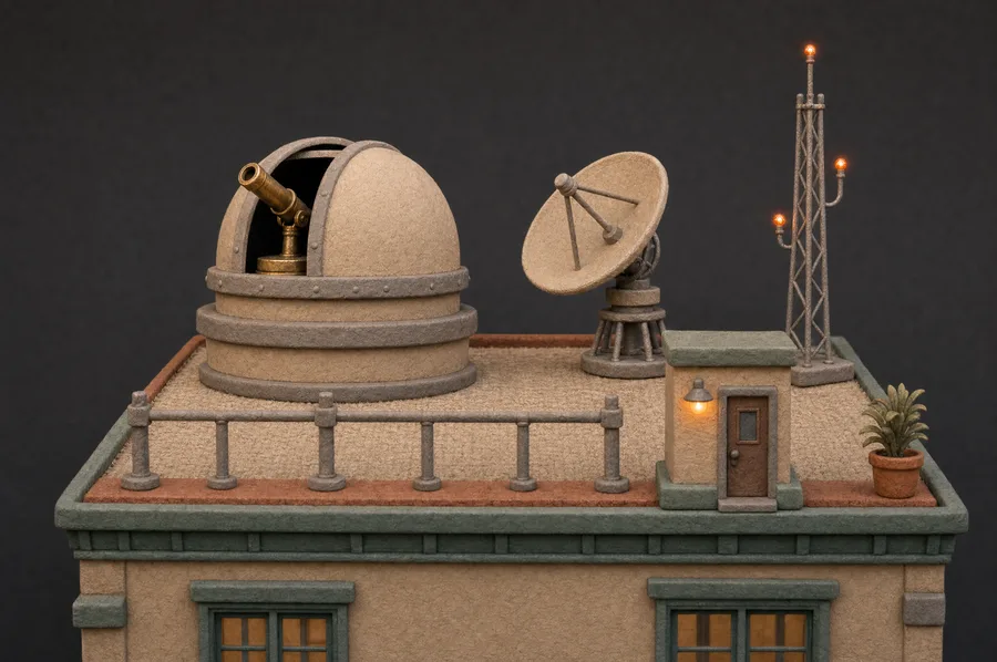 Clay rooftop with an observatory dome, brass telescope, radar dish and a radio mast with warning lights