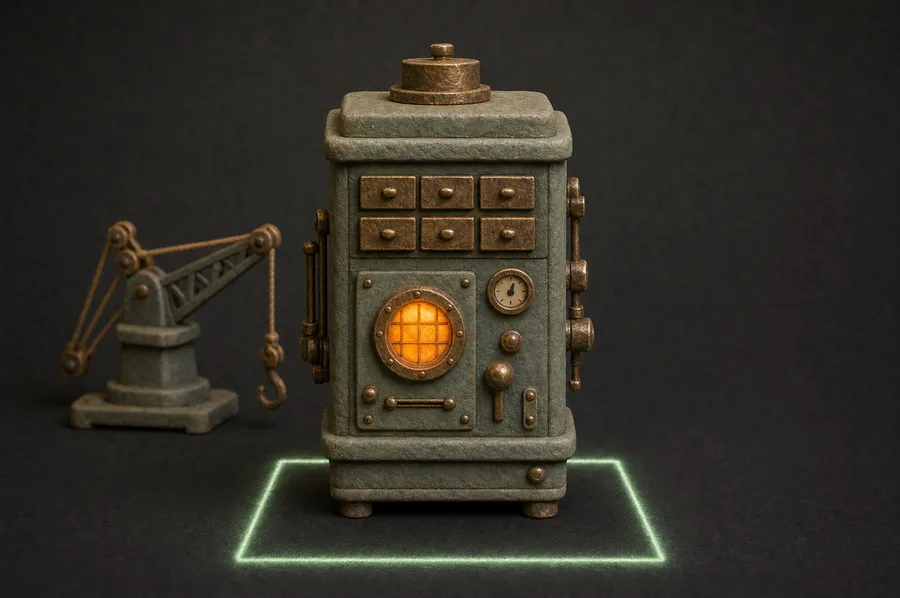A clay machine with brass dials and a glowing porthole, standing on a marked floor spot beside a small workshop crane