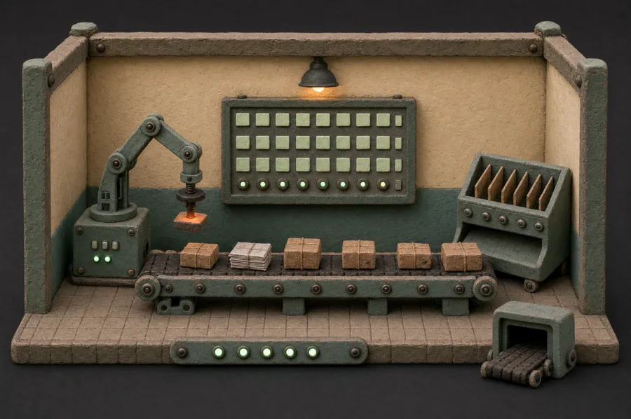 Clay conveyor belt carrying wrapped parcels past a stamp arm and a status board of green lights