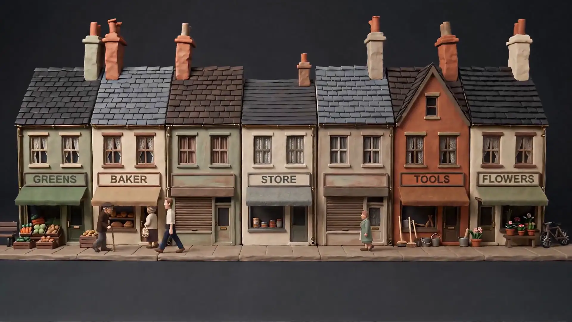 A clay model street of seven small shops, one of them a plain general dealer