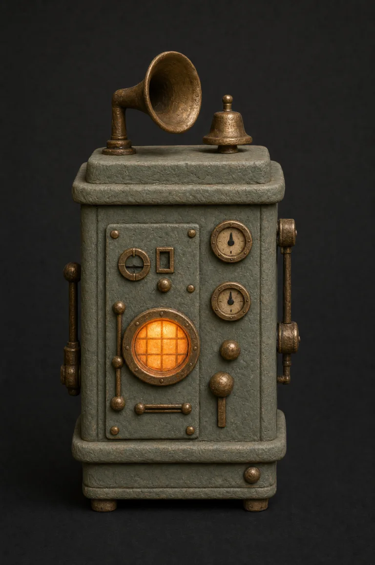 A clay machine with a brass speaking-horn and a tiny bell