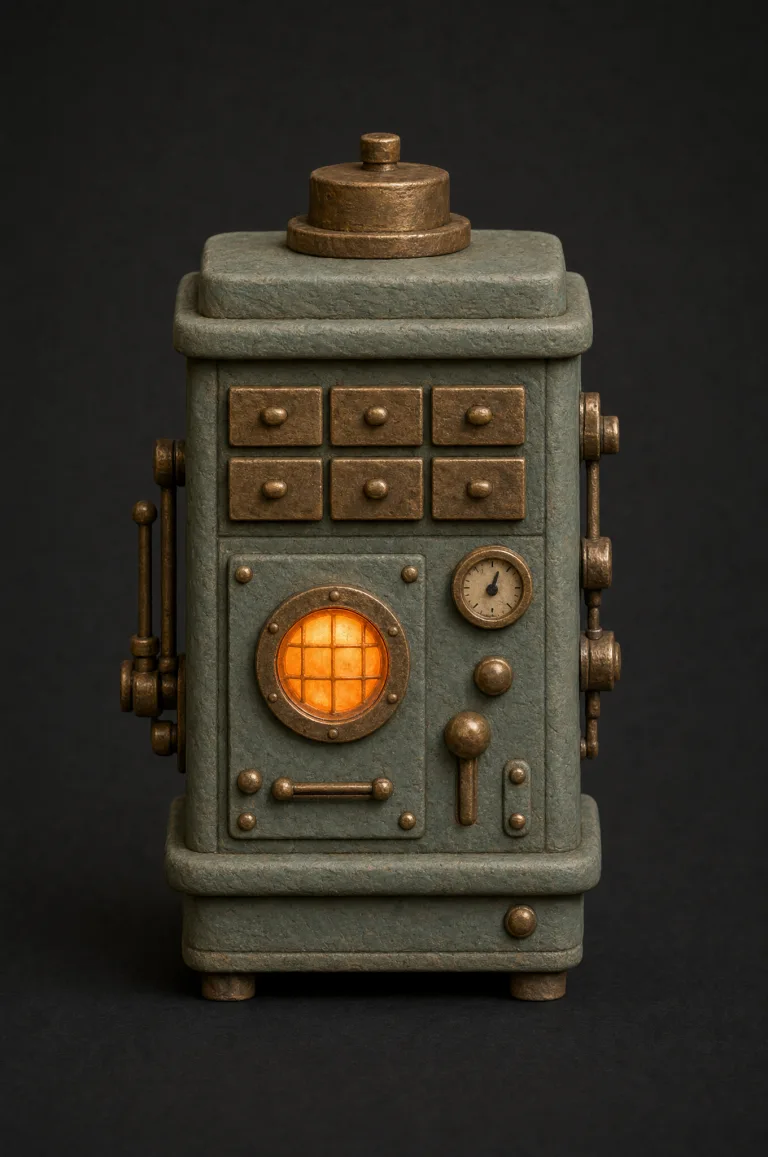 A clay machine with rows of tiny brass card-index drawers