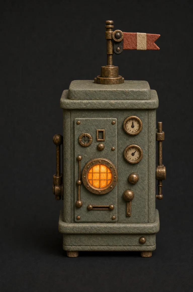 A clay machine with a small rotating brass semaphore flag on top