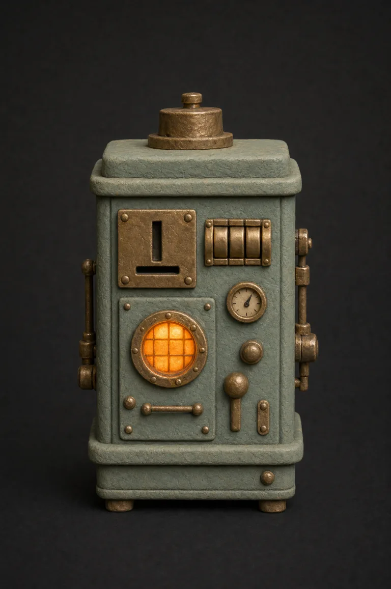 A clay machine with a coin slot and blank brass counting dials