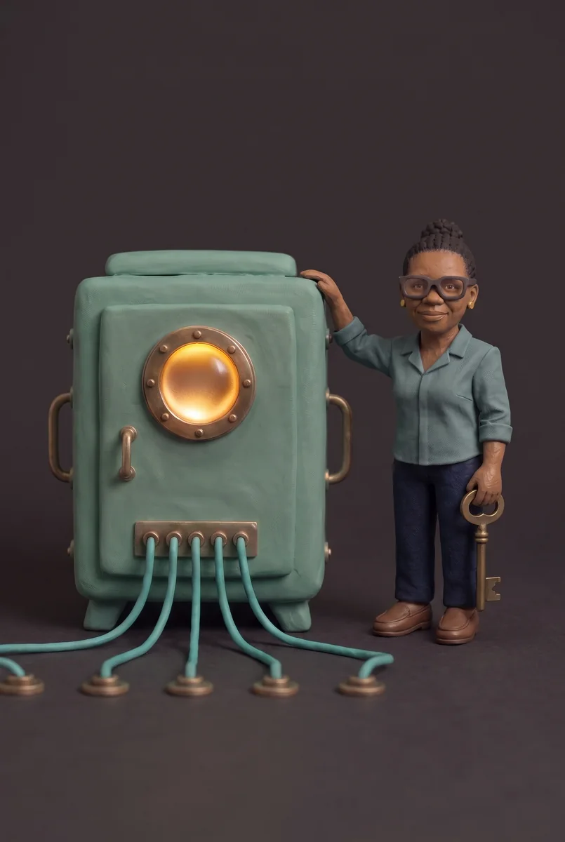 A clay model of Nomsa with one hand resting on her own machine and a brass key in the other, its porthole lit amber and its five cables running down into brass sockets in the floor