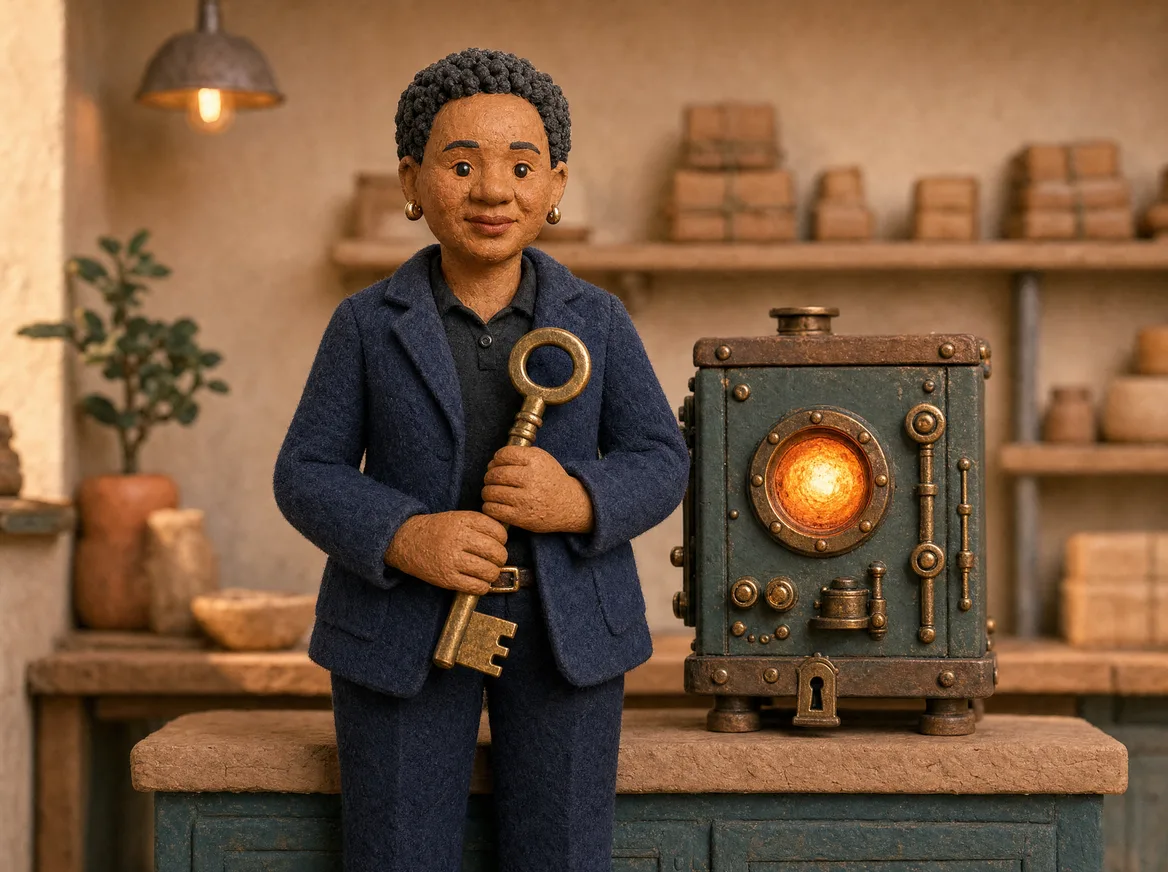 Clay Nomsa proudly holding the brass key to her machine, which stands beside her