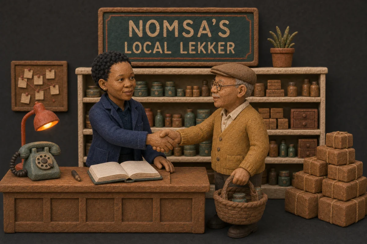 Clay Nomsa shaking hands with a delighted new customer over the shop counter