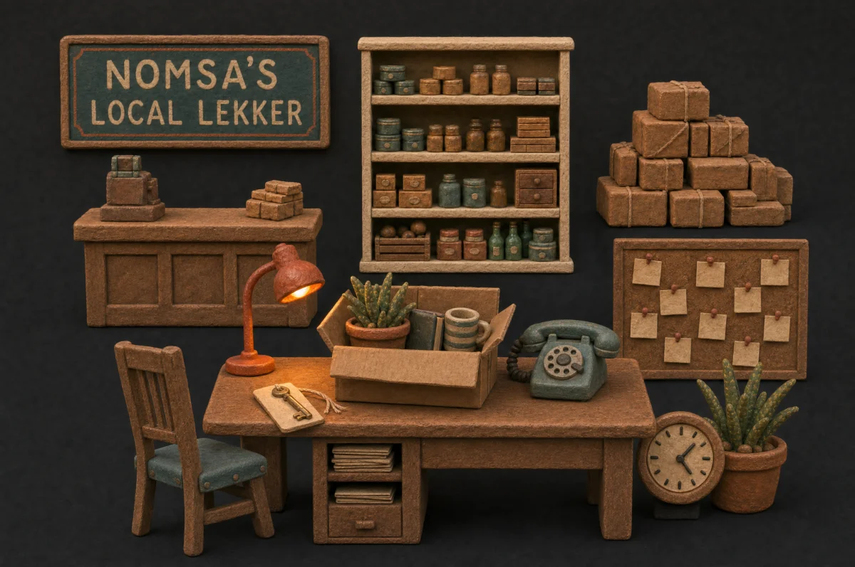 An empty clay desk with a packed cardboard box and a brass key left behind