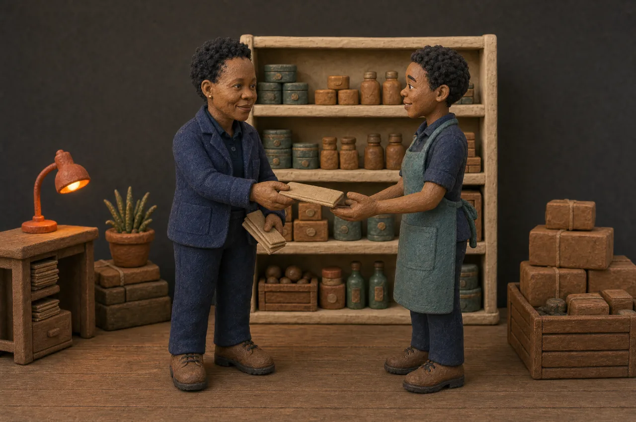 Clay Nomsa handing a pay envelope to a smiling shop assistant